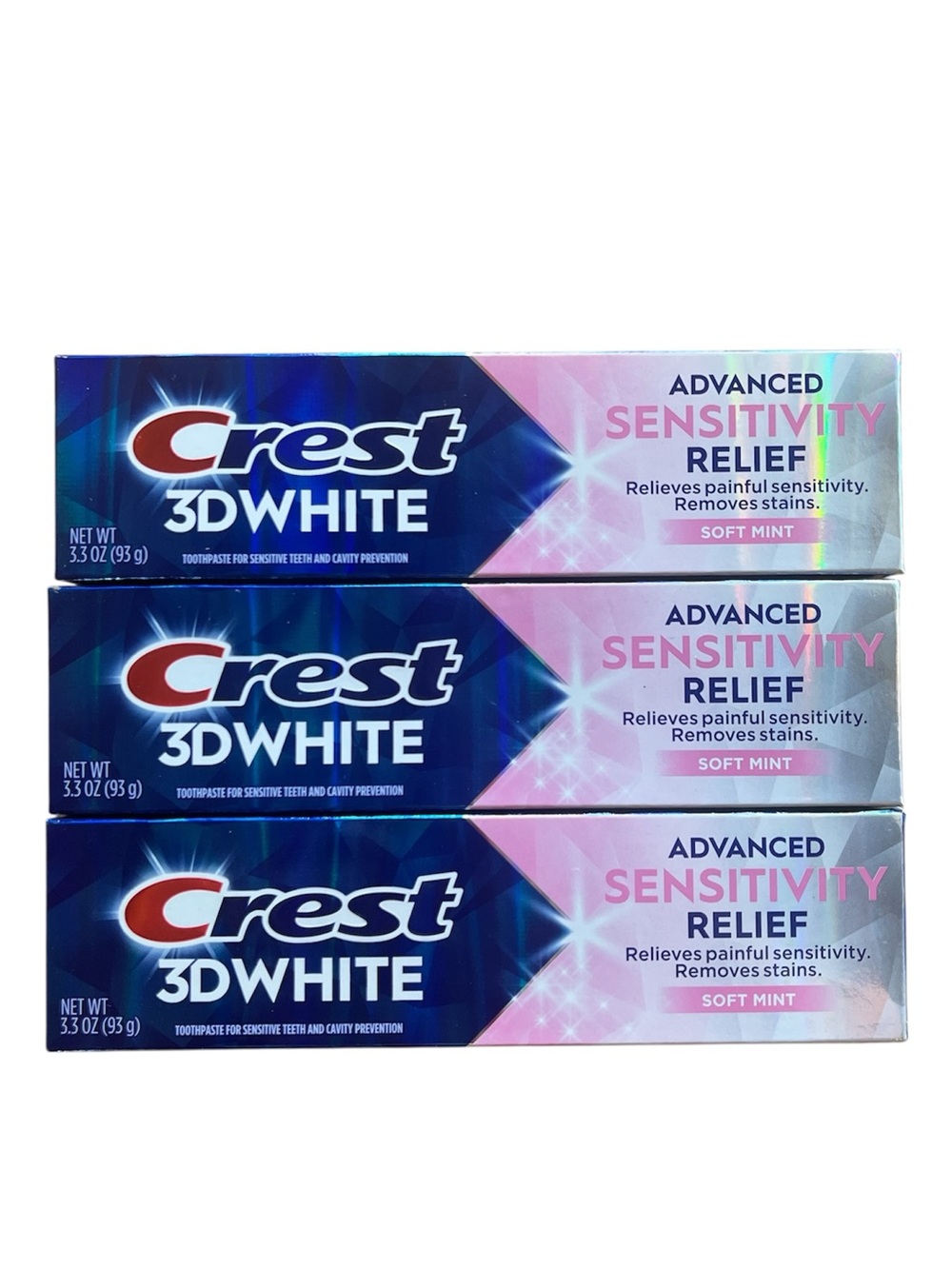 3 pack Crest 3DWhite Advanced Sensitivity Relief Toothpaste (3.3 oz tubes)